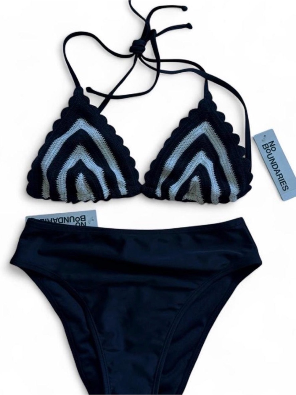 NWT Crochet Bikini Black White Chevron Striped Boho Retro Coastal Beach Swim M